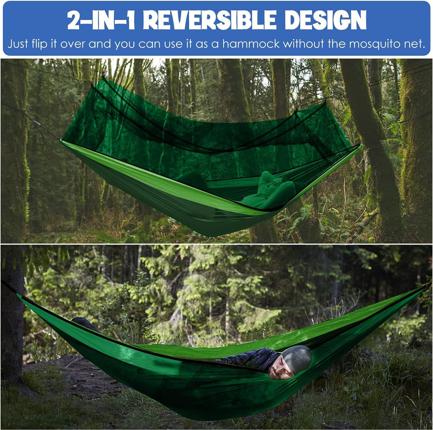 Hamaca doble con red insectos para camping exterior verde