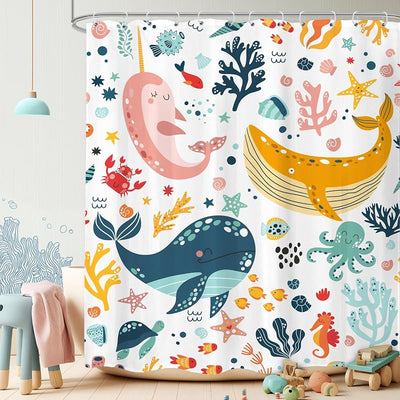 Juego cortinas ducha niños diseño ballenas 60x71pulg