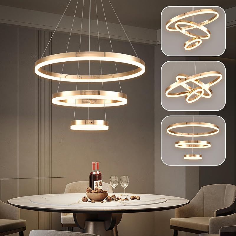 Candelabro LED dorado 3 anillos ajustable cocina comedor