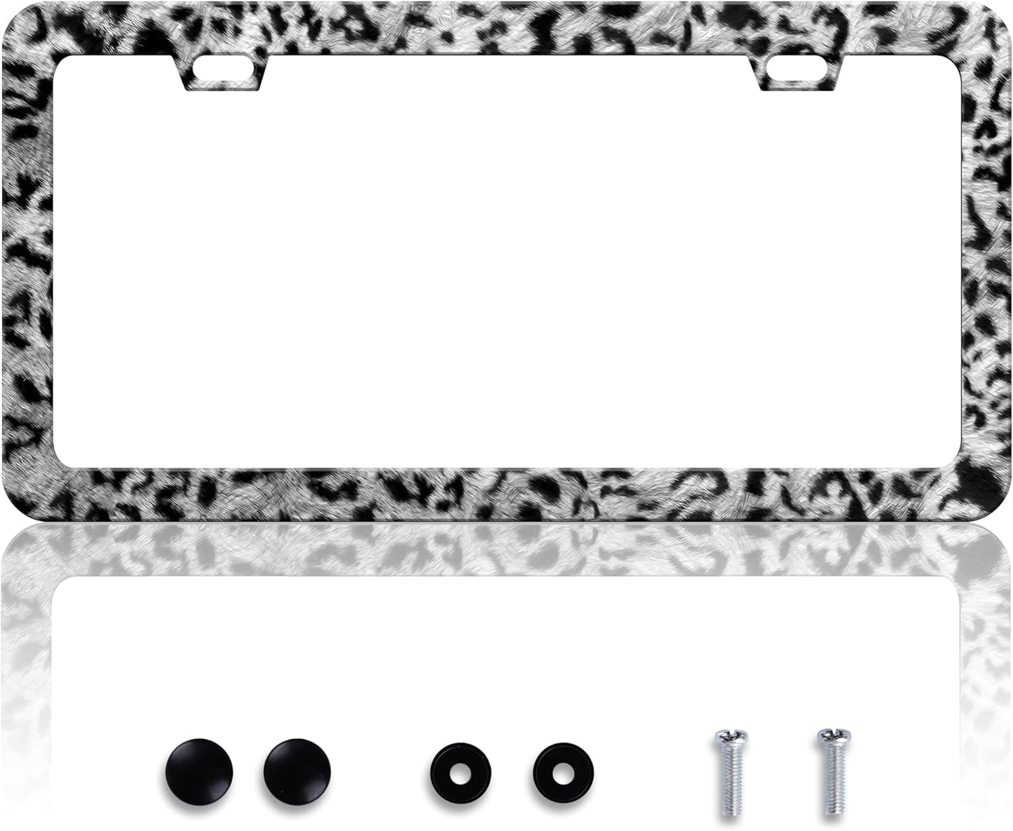 Marco matrícula acero inox estampado leopardo gris y negro