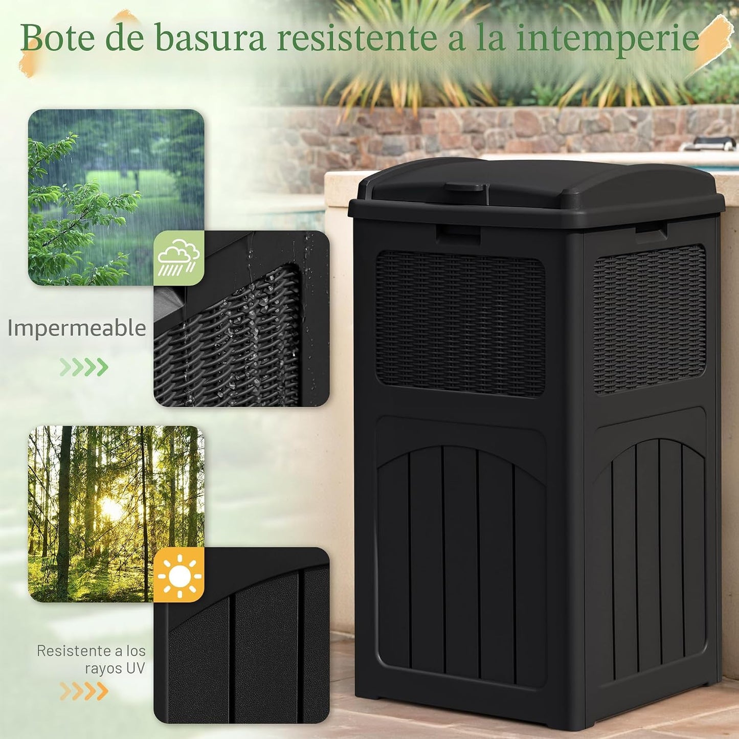 Bote basura 33gal resina impermeable terraza negro