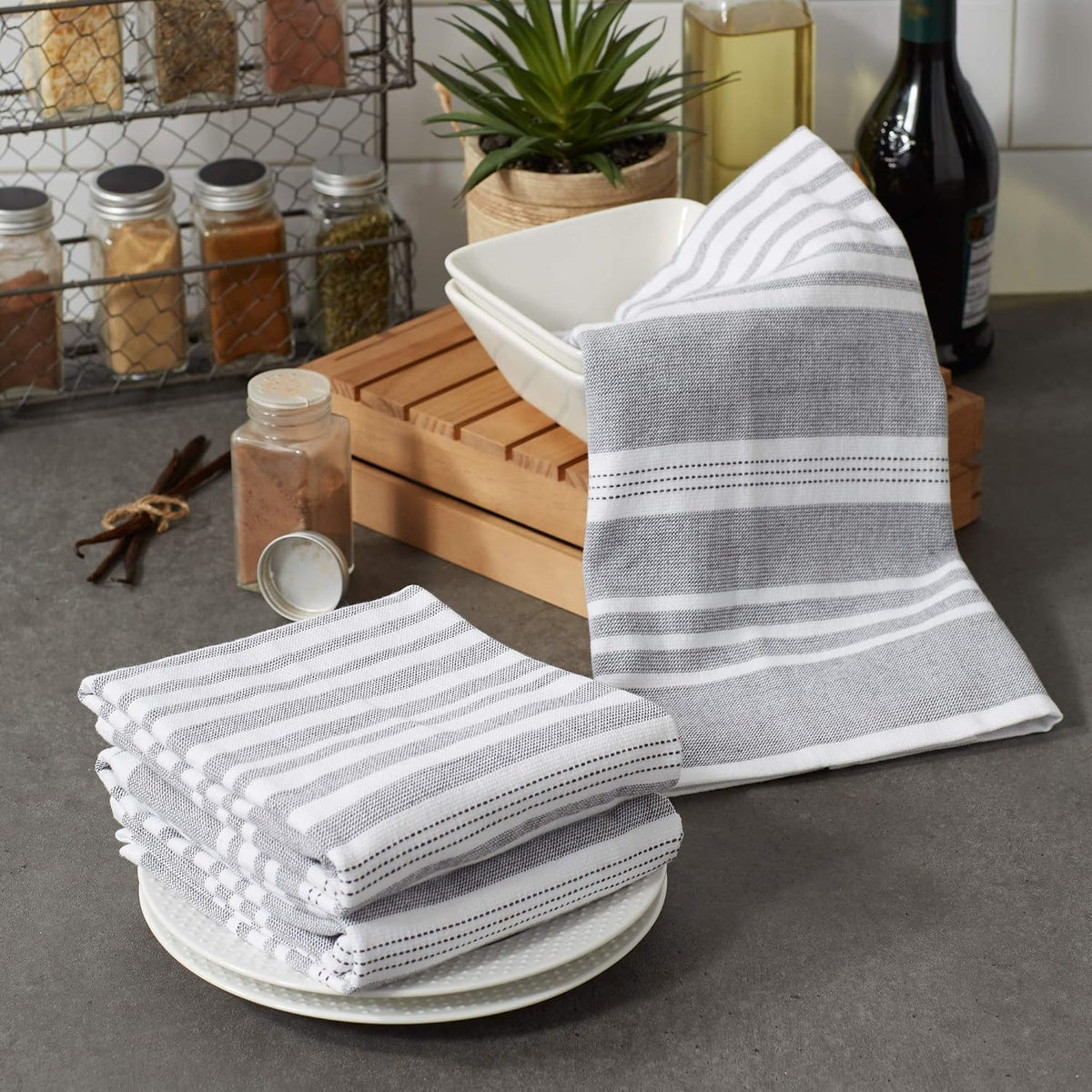 Set 3 Pzas Paños Cocina 18x28pulg Rayas Grises