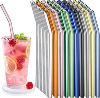 100 Pzas Pajitas Vidrio Reutilizables 8pulg Curvadas con Cepillo