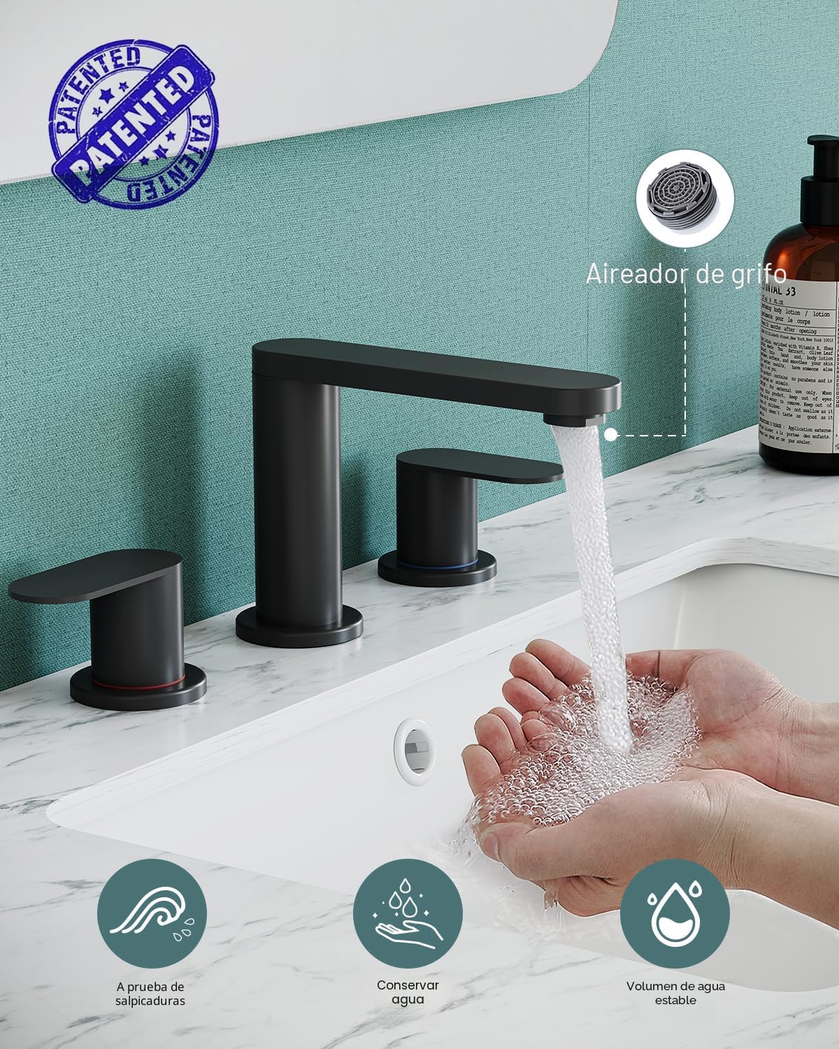 Grifo baño negro 3 orificios 8pulg extensión caño giratorio 360