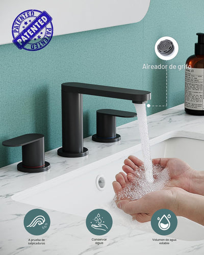 Grifo baño negro 3 orificios 8pulg extensión caño giratorio 360