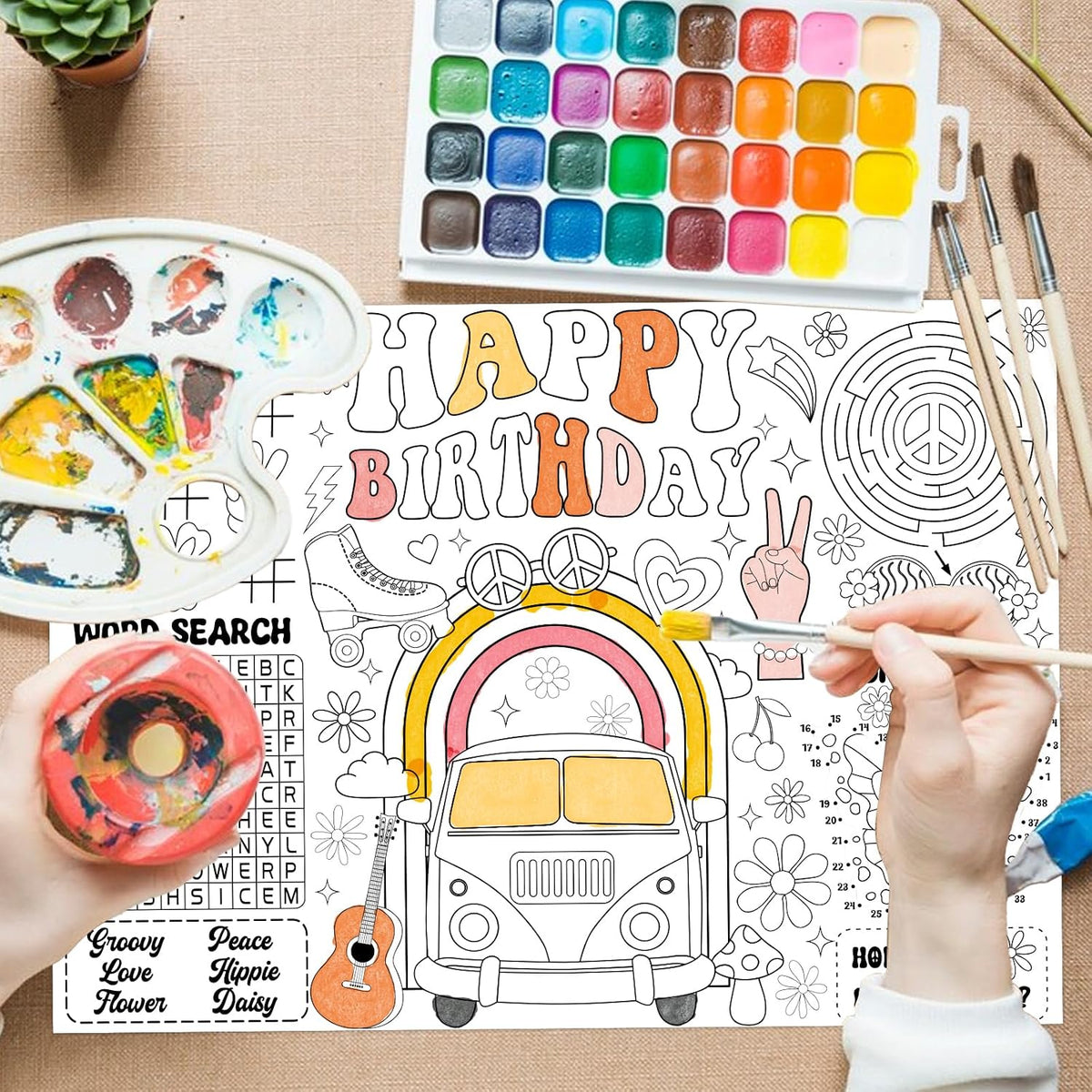 12 Manteles Papel Colorear Cumpleaños Groovy Hippie