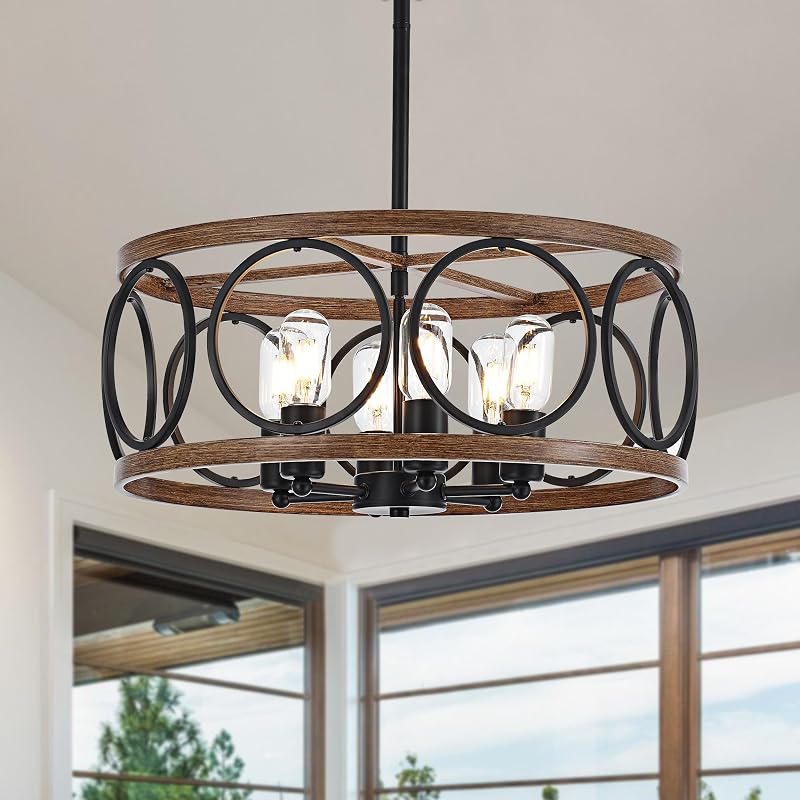 Lámpara colgante tambor 6 luces madera metal negro