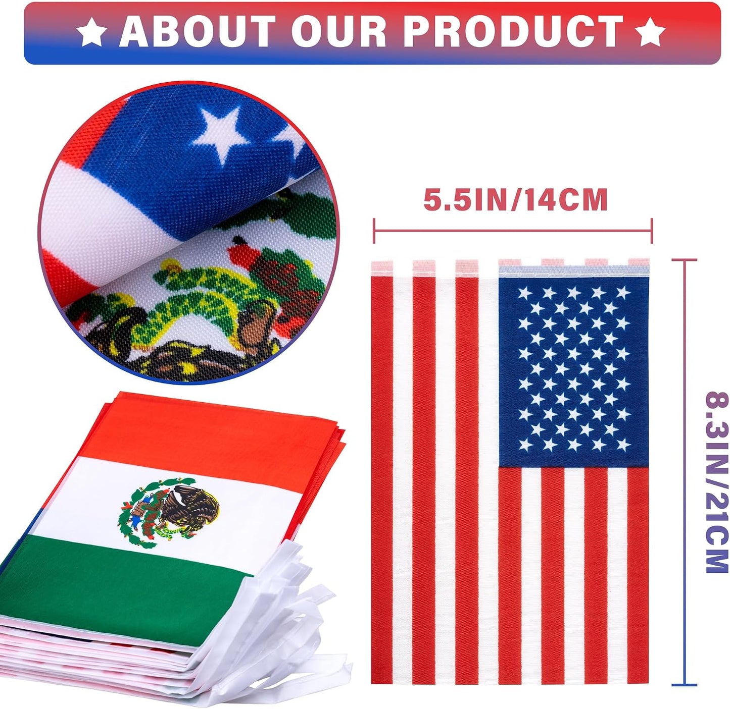Banderín bandera amistad EE.UU. México 30 banderas 33pies