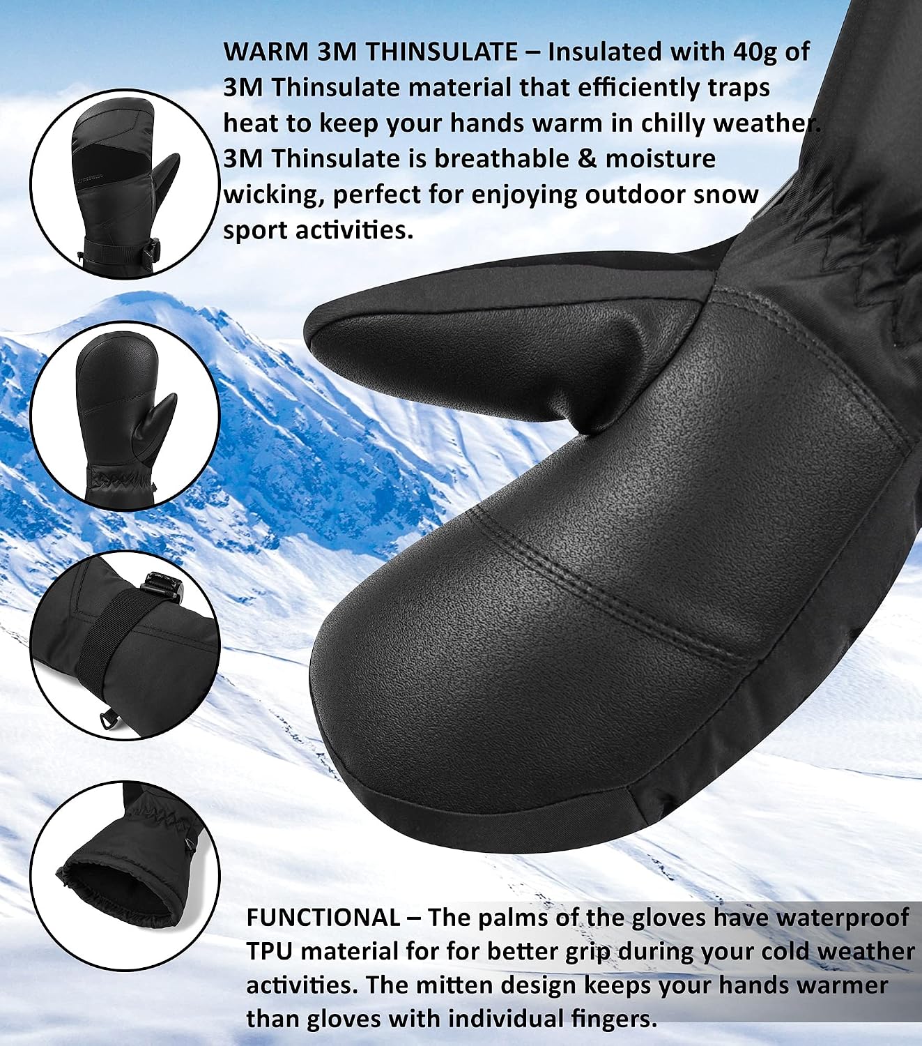 Manoplas esquí impermeables hombre invierno 3M Thinsulate