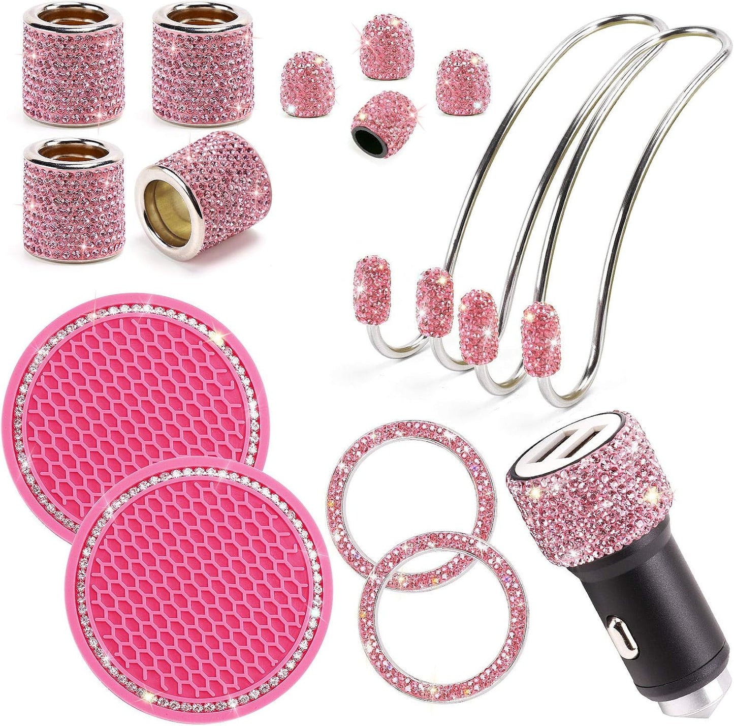 Set 15 accesorios auto rosa para mujer brillantes