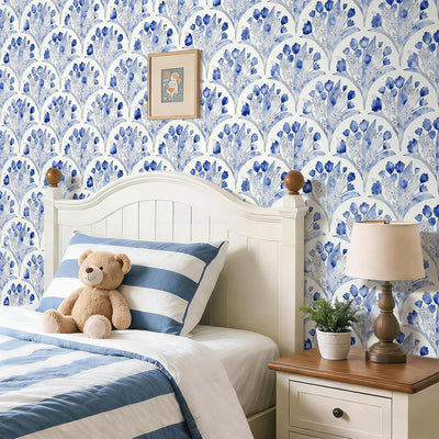 Papel tapiz floral azul autoadhesivo 16.9x118.1pulg