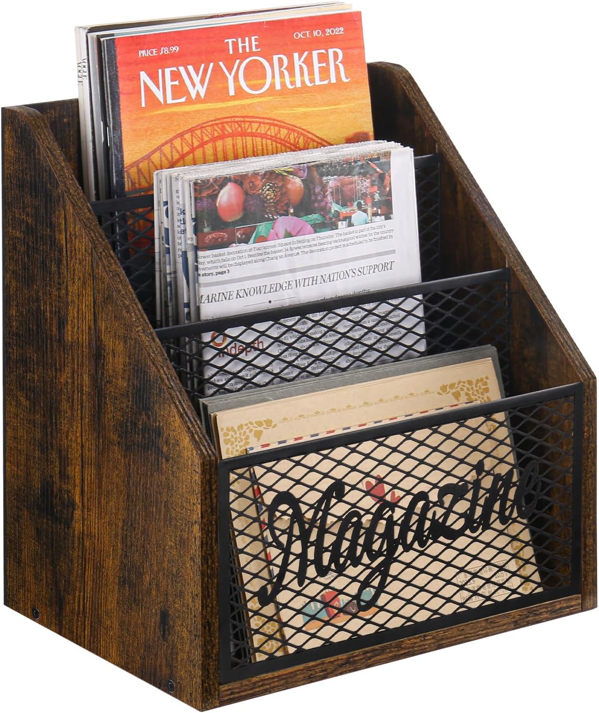 Portarevistas escalonado 3 niveles cesta organiz.