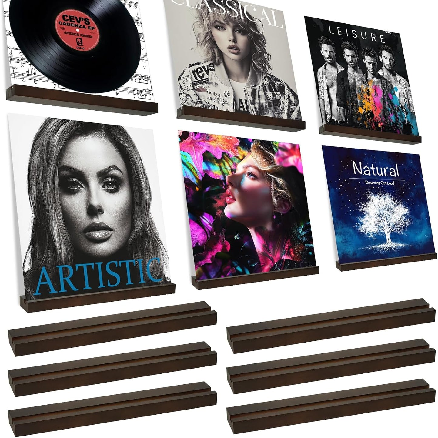 6 Soportes Madera Discos Vinilo Acabado Nogal Pared