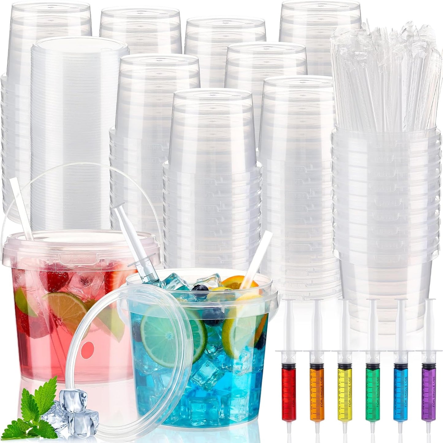 300 Pzas Cubos Plástico Bebidas con Tapas 25oz Transparente