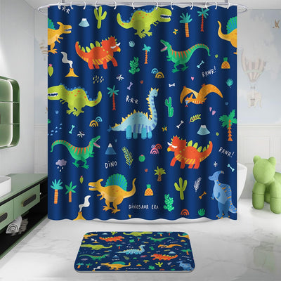 Set 4 cortinas ducha baño niños con tapete U y ganchos dinosaurio