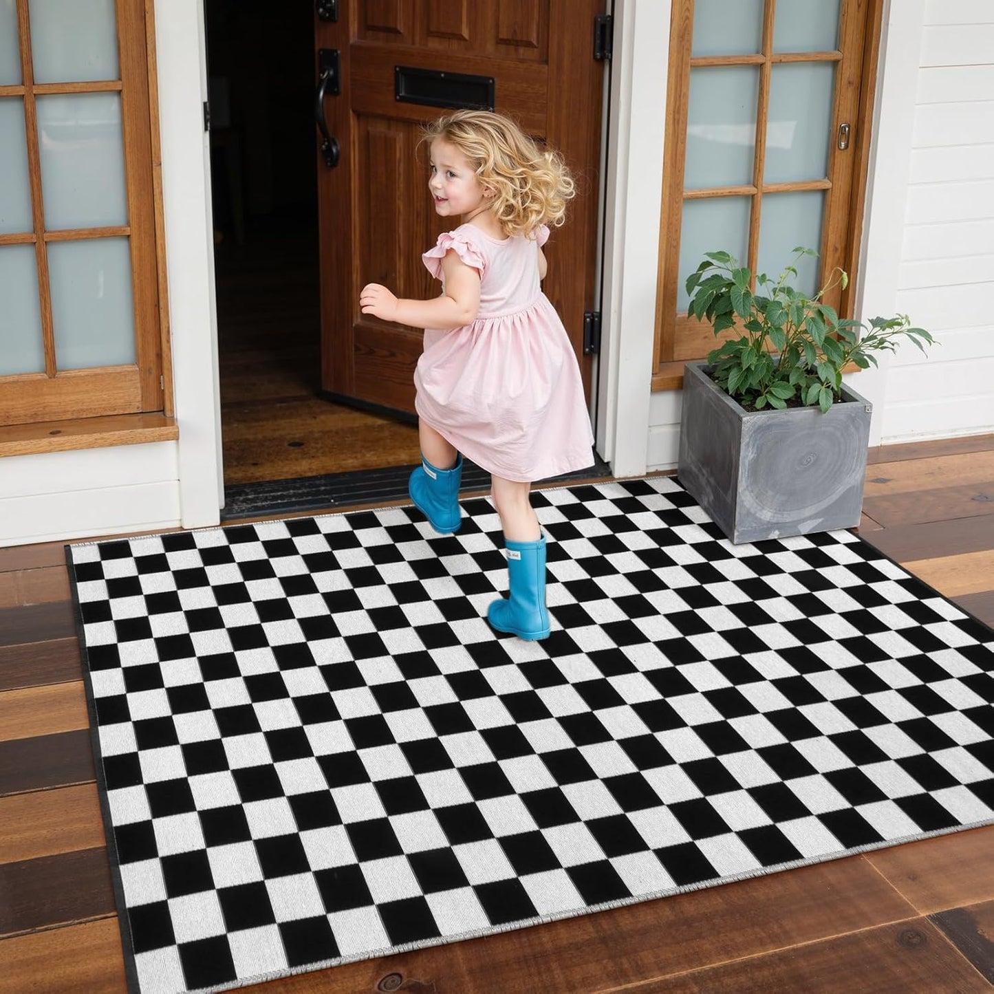 Alfombra Cuadros Reversible 3x5ft Negro Blanco Algodón