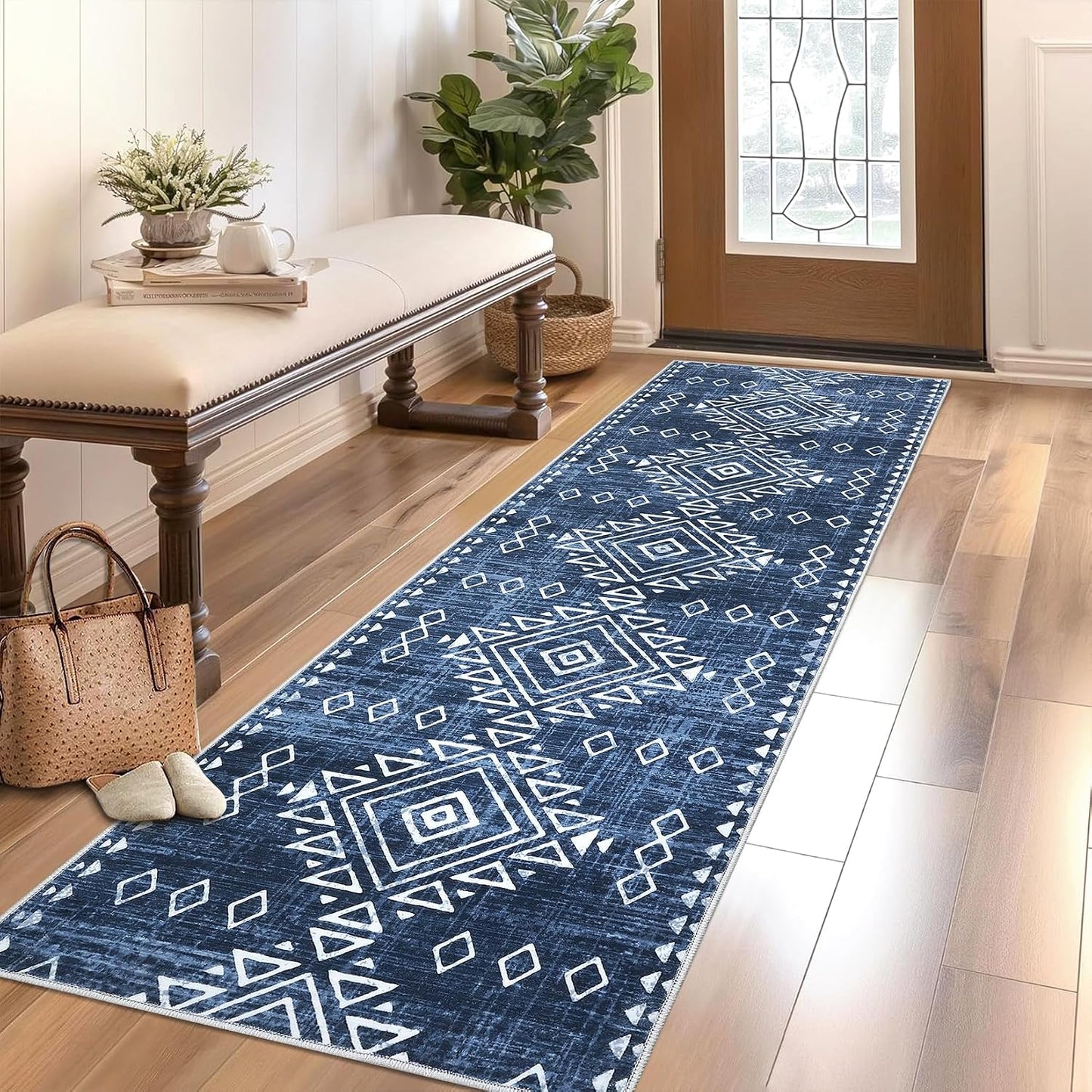 Alfombra geométrica 2x6ft color azul antiderrap