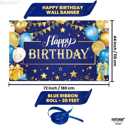 Cartel feliz cumpleaños dorado azul 72x44pulg decoración fiesta
