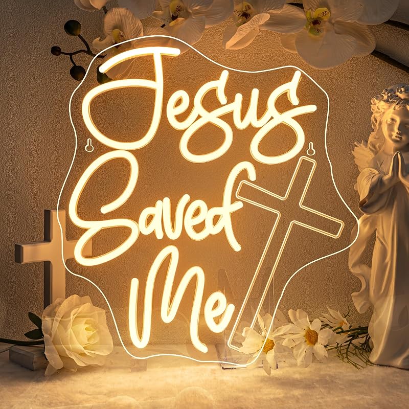 Letrero neón LED texto «Jesus Saved Me» 13.8x12.6" regulable