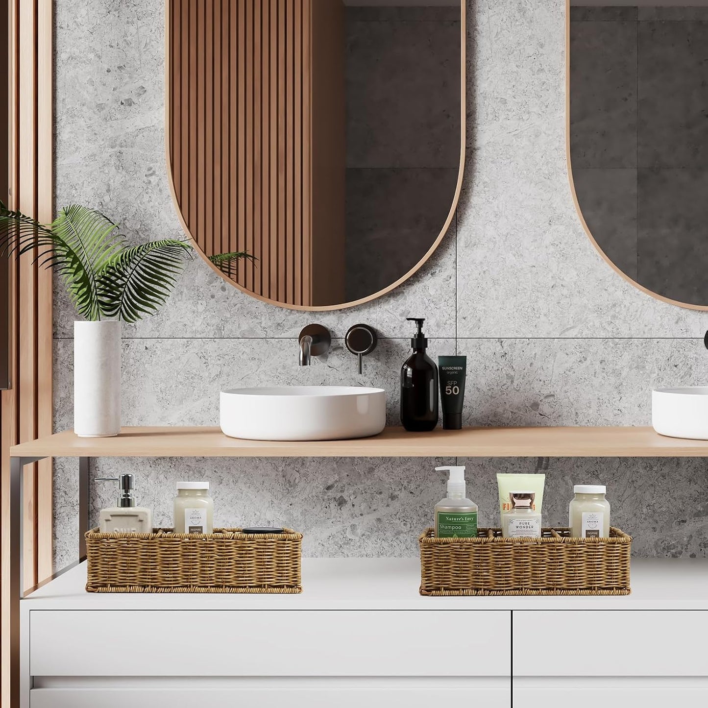 Cesta mimbre 3 compartimentos organiz. baño tejido a mano
