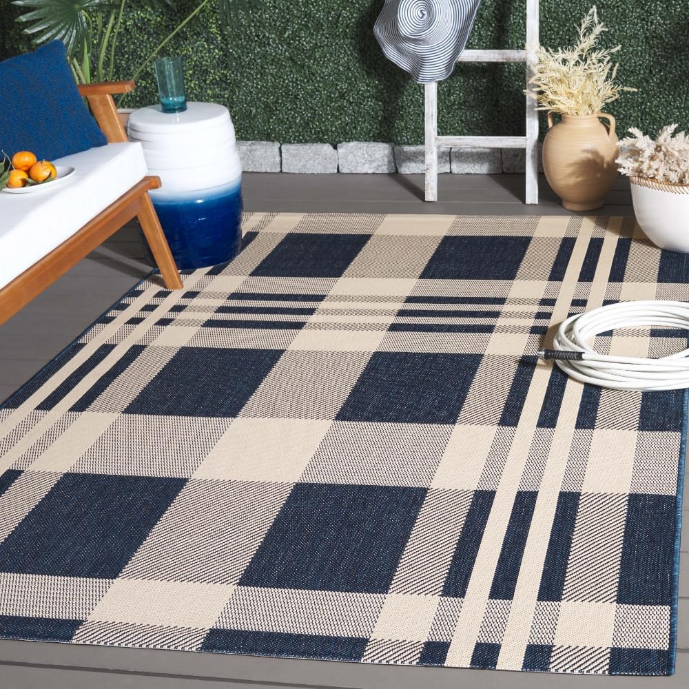 Alfombra exterior lavable 5'3x7'7 cuadros azul y beige