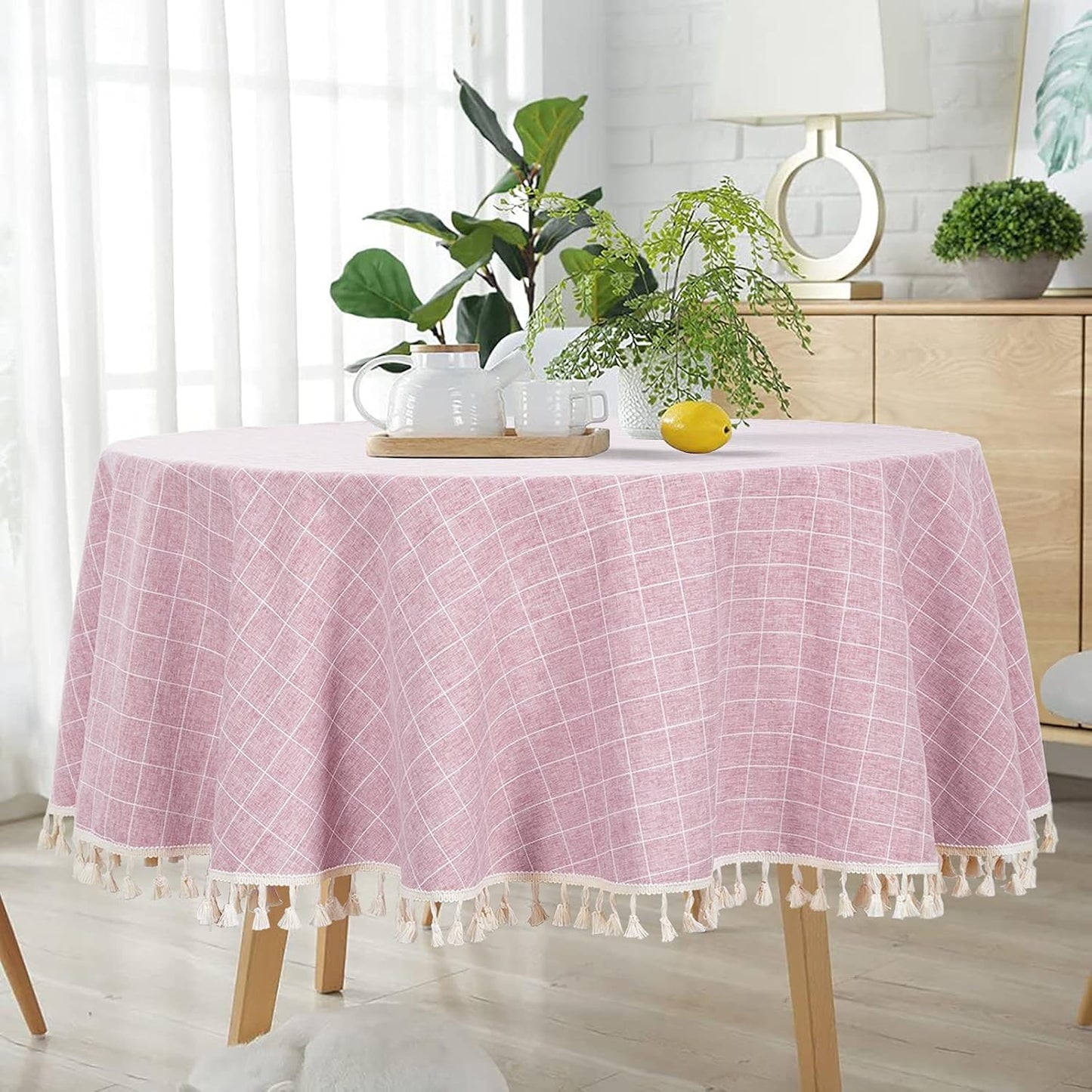Mantel redondo lino algodón borla rosa 55pulg cocina