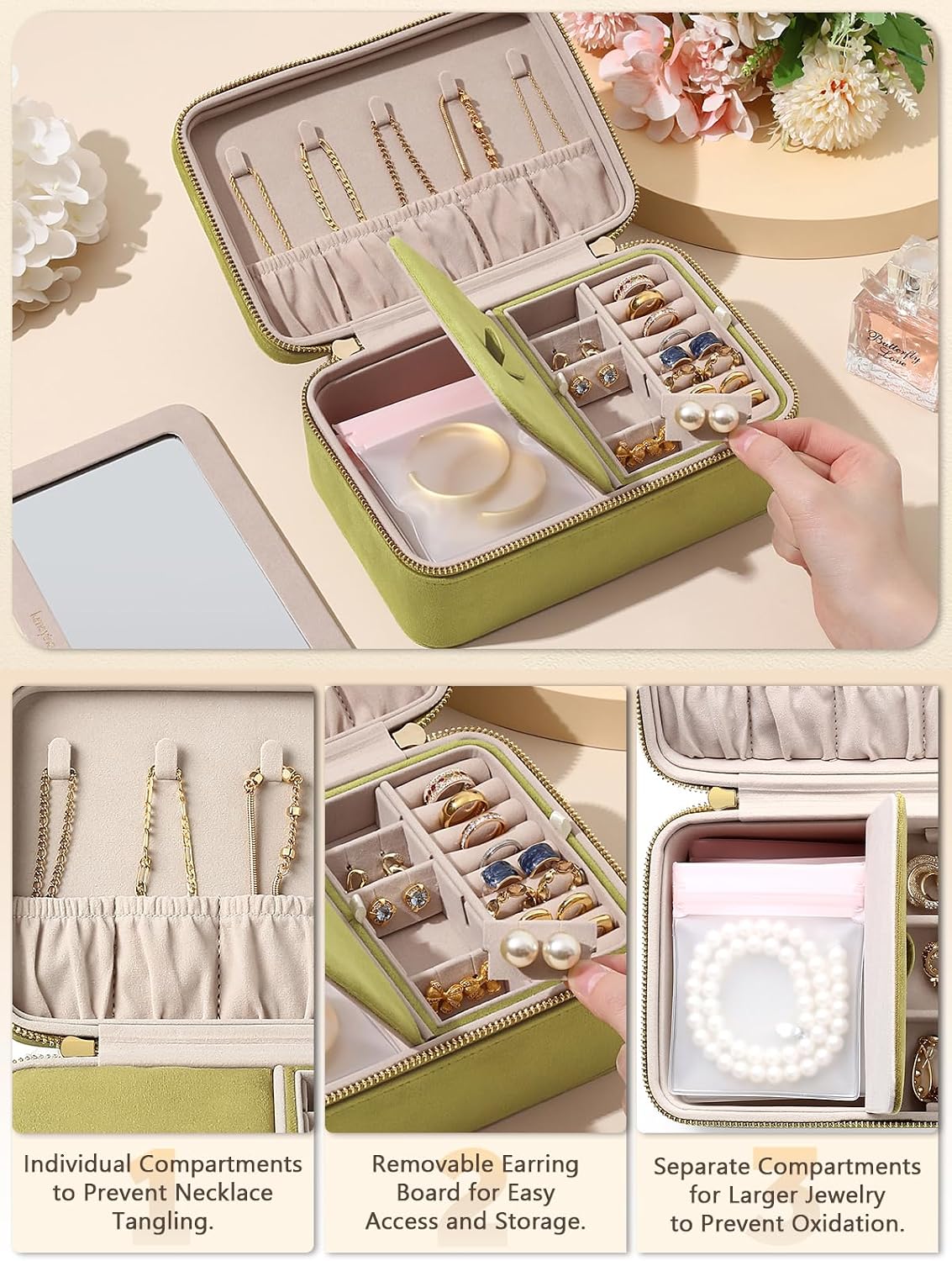 Caja terciopelo joyas viaje con espejo y 6 bolsas antióxido