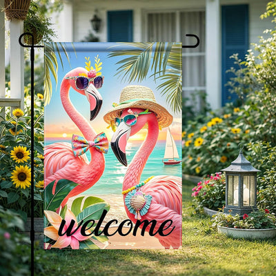 Bandera jardín flamenco tropical doble cara 12x18pulg