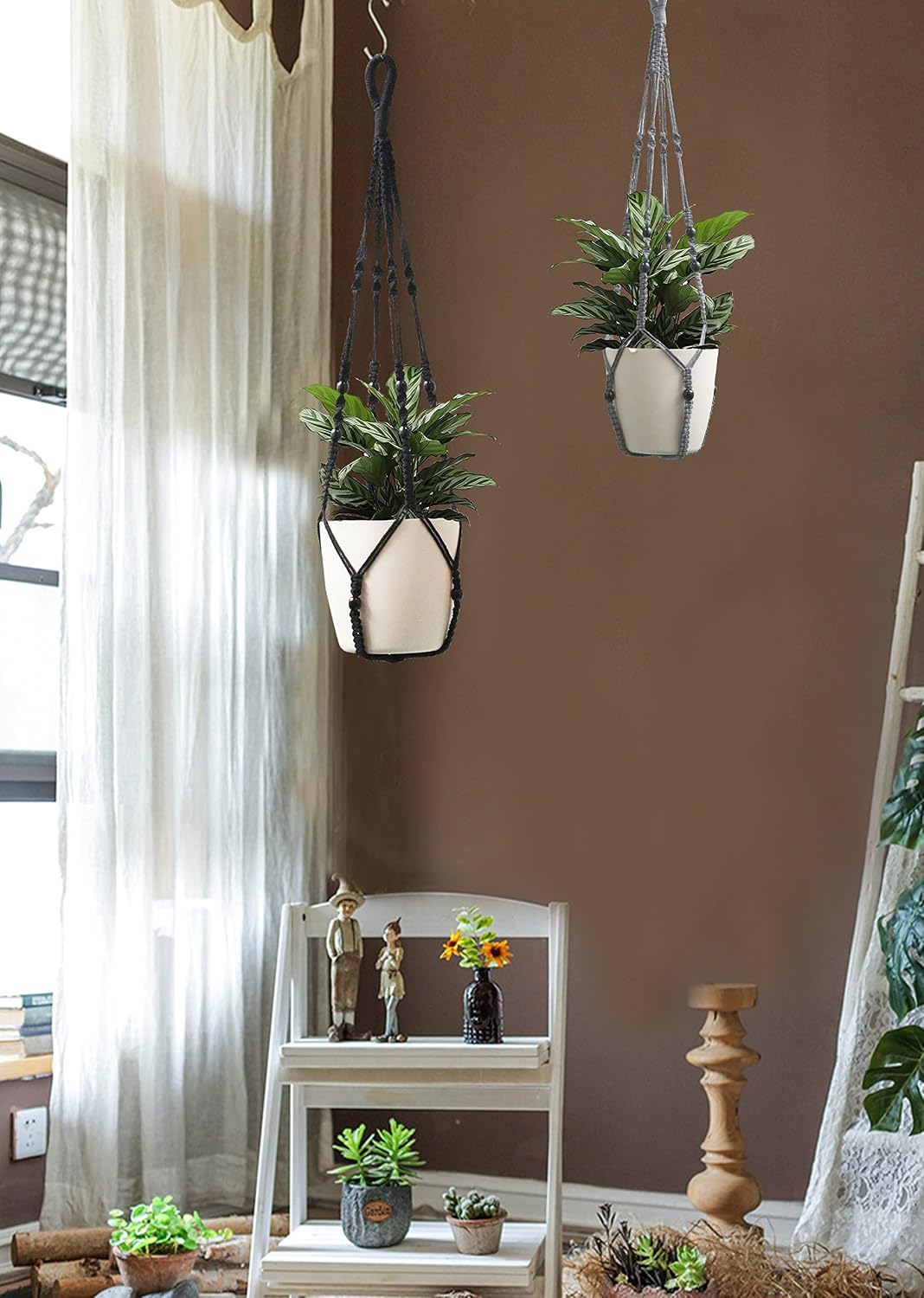 Colgador macramé para plantas interiores 35pulg gris