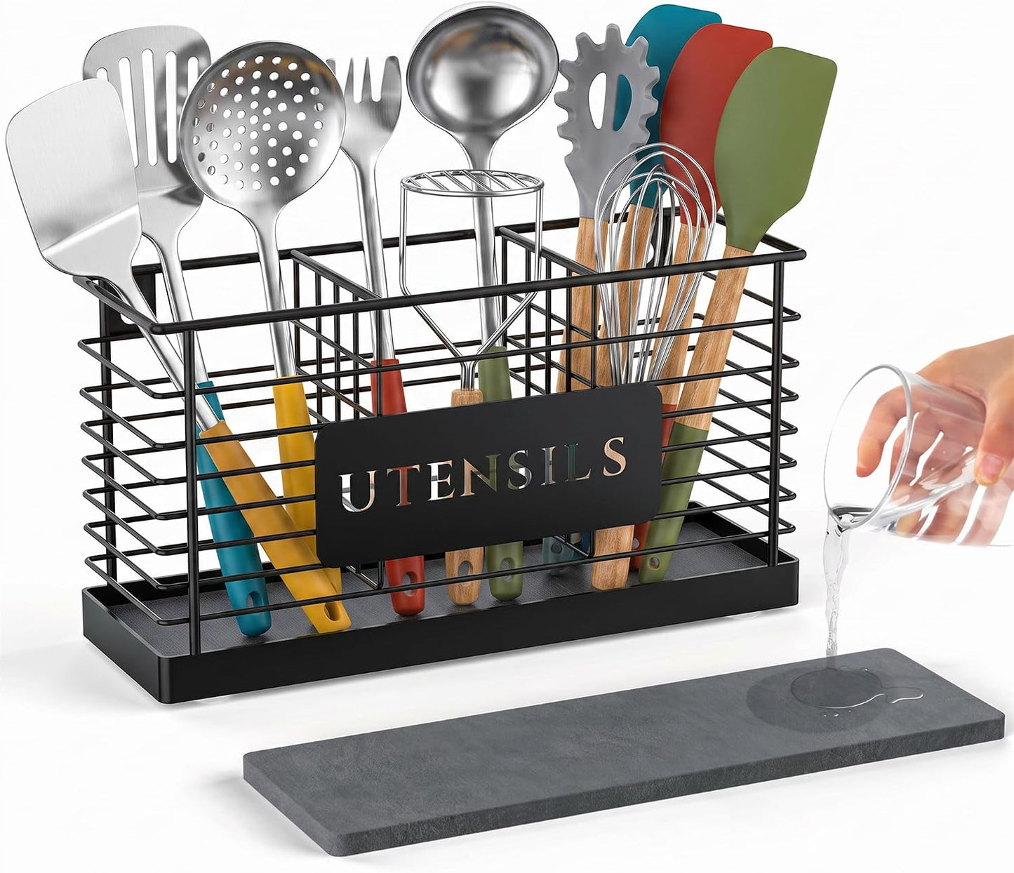 Soporte utensilios cocina metal negro 3 compartimentos