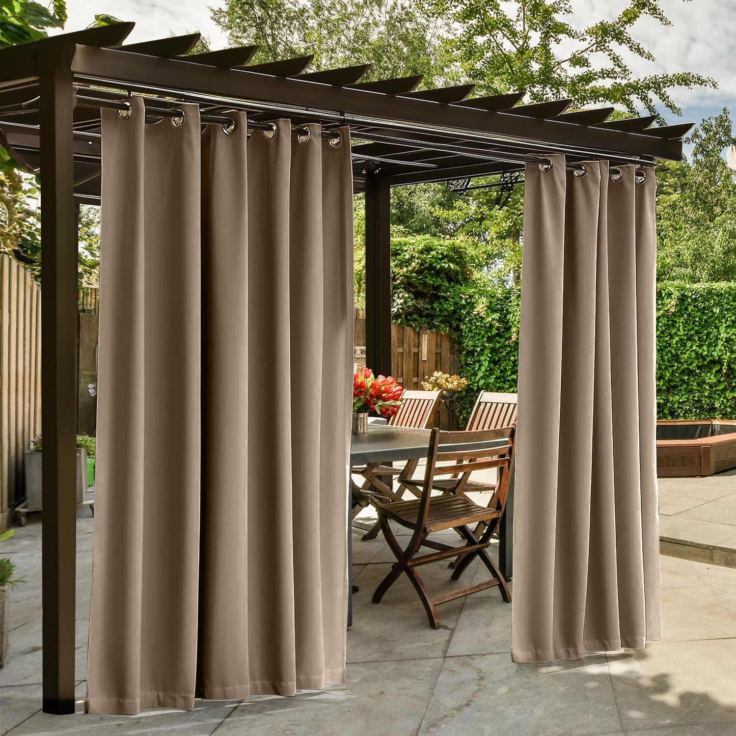 Cortinas impermeables exteriores 90% opacas set 2 marrón