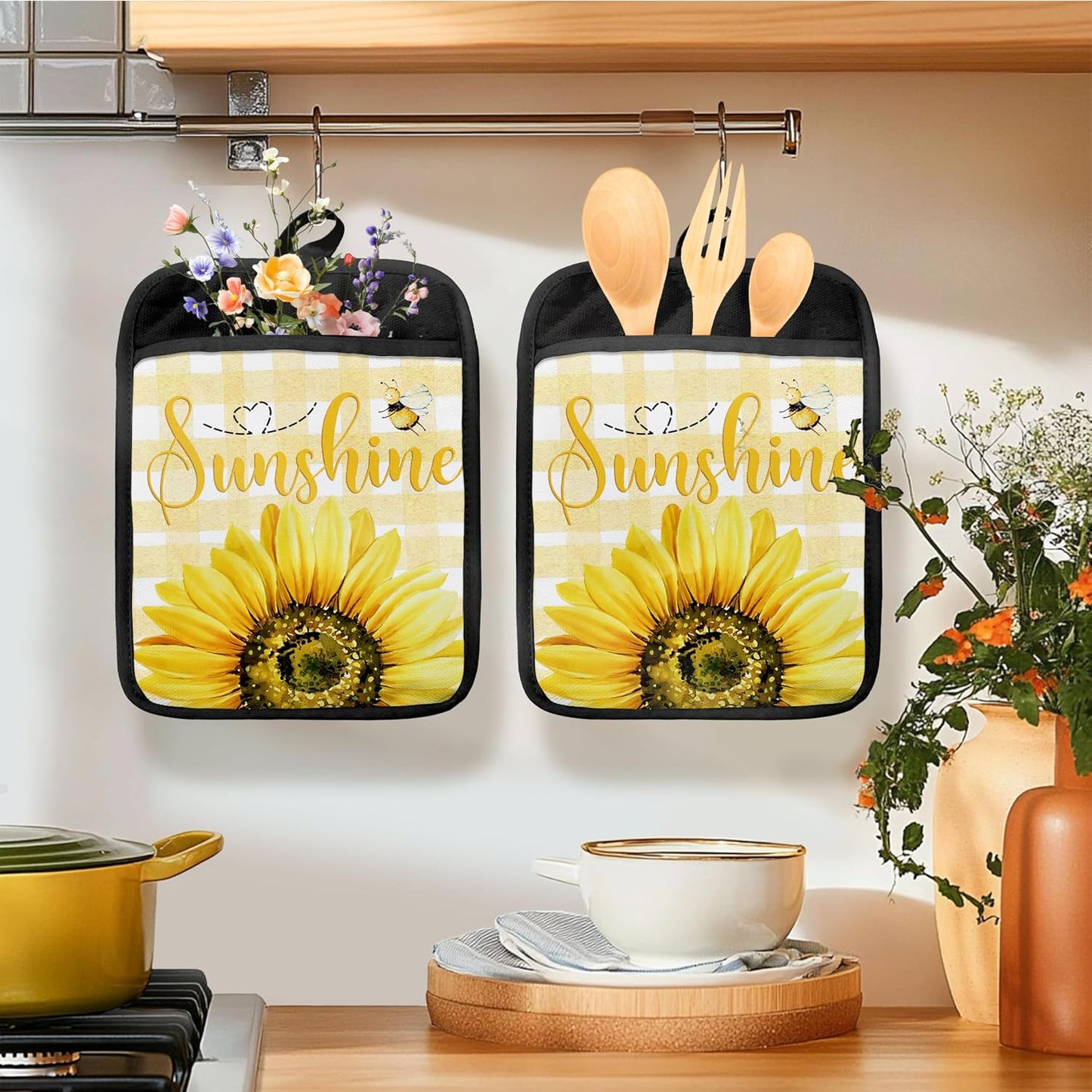 Guantes horno girasol amarillo cuadros florales mujer