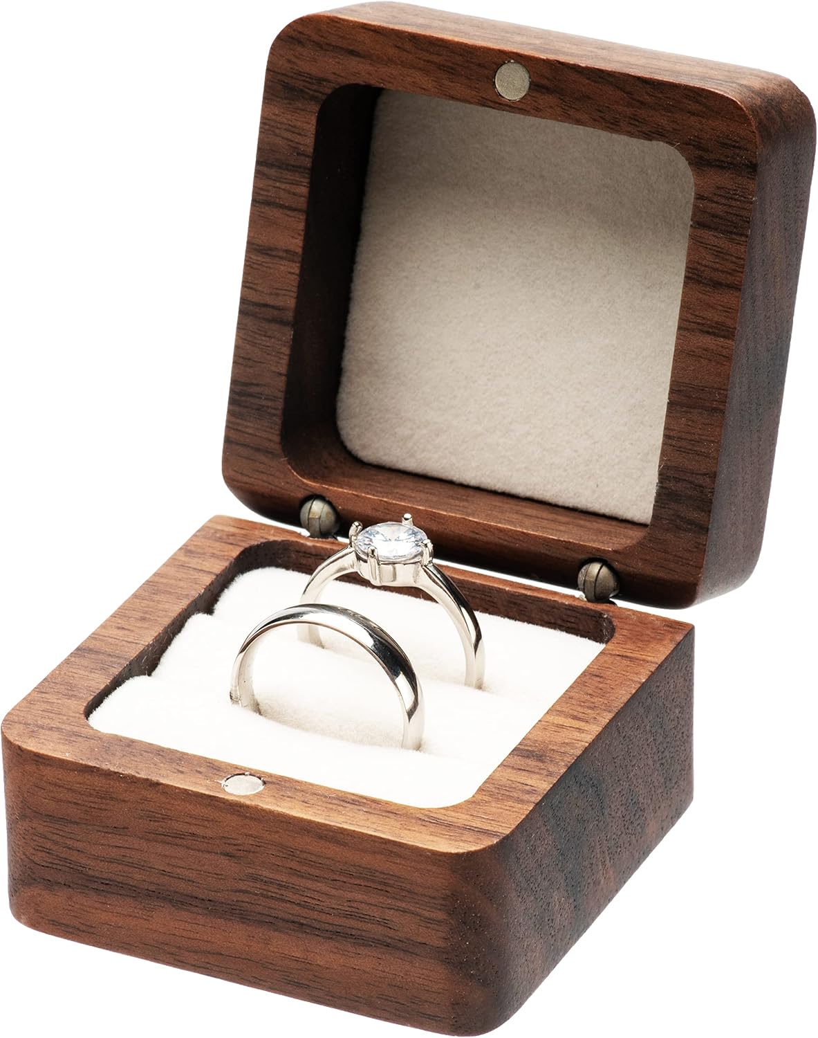Caja madera maciza doble anillo boda soporte beige