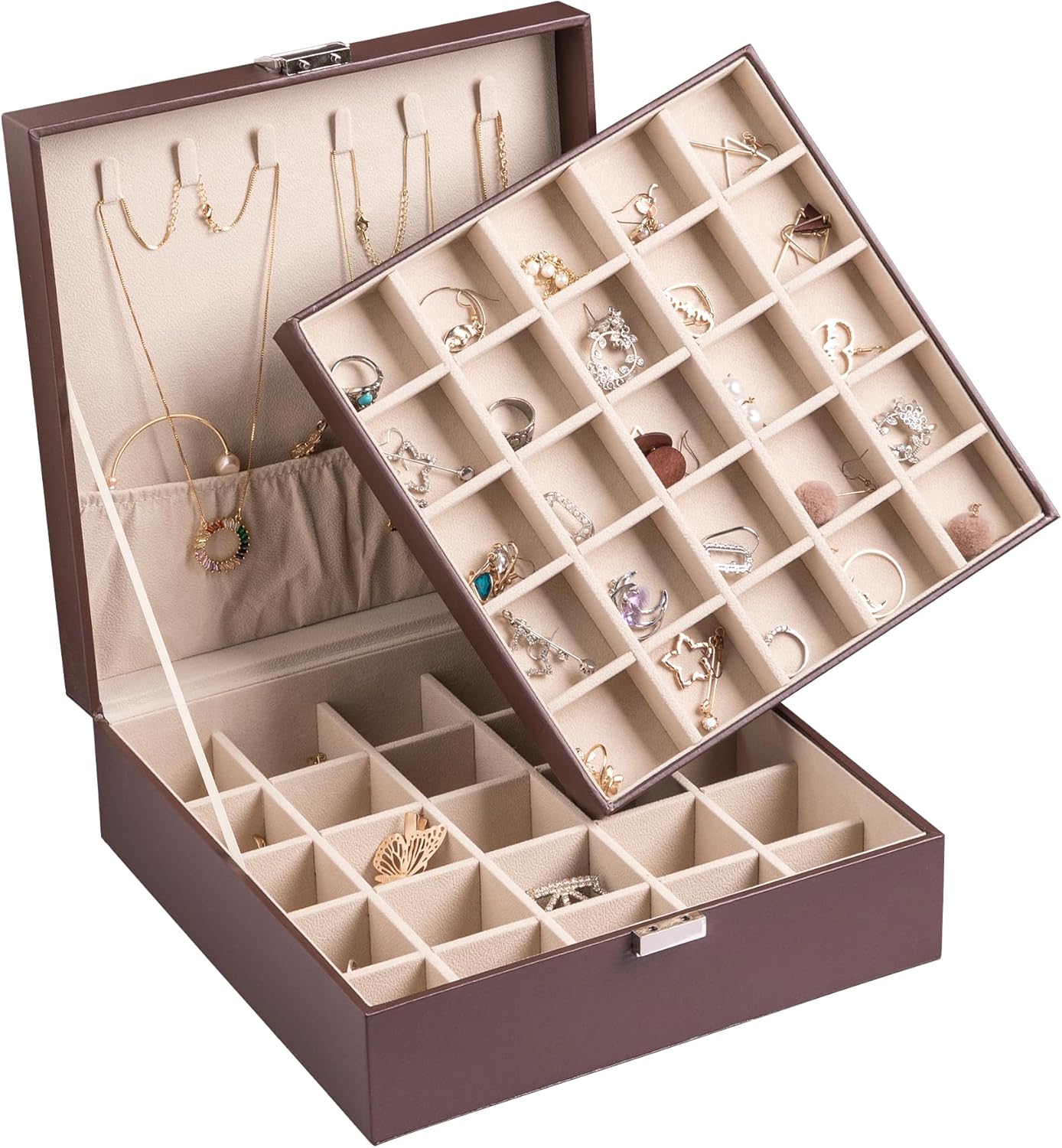 Organiz. aretes caja joyería 50 ranuras doble capa marrón