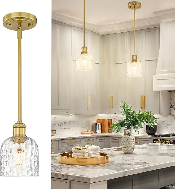Lámpara colgante cocina 1 luz vidrio martillado dorado