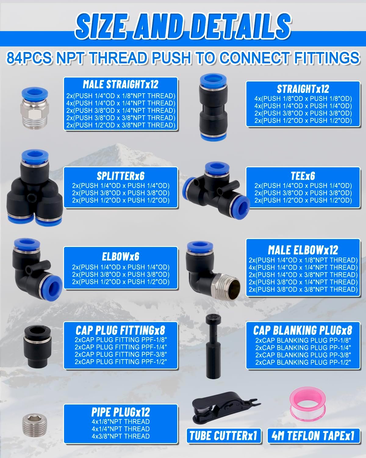 Kit manguera aire 1/8-1/2 pulg con conectores
