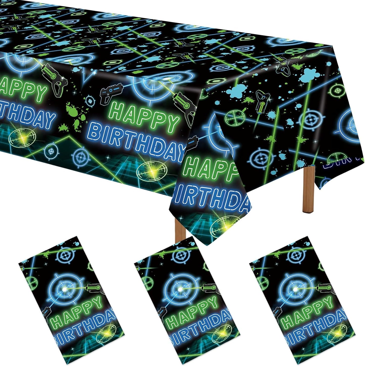 3 Manteles Cumpleaños Neón Plástico Verde Azul Rectangular