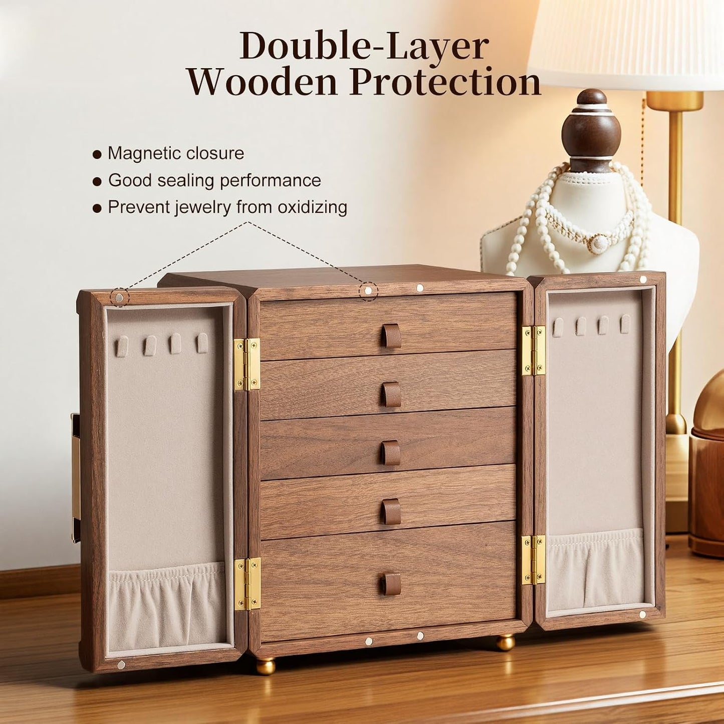 Caja joyas madera nogal negro 5 capas puerta magnética