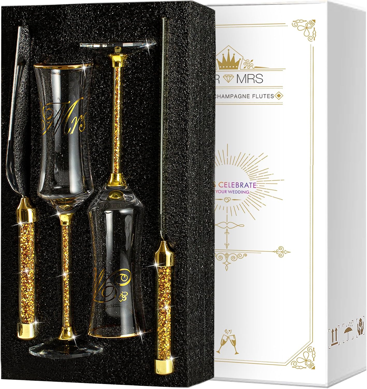 Set cuchillo servidor pastel boda con copas mr y champagne