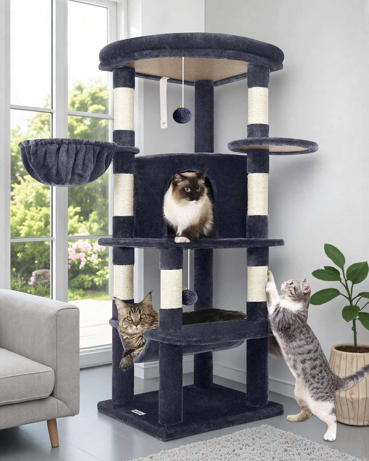 Torre esquinera gatos 51pulg 7 postes sisal cueva gris