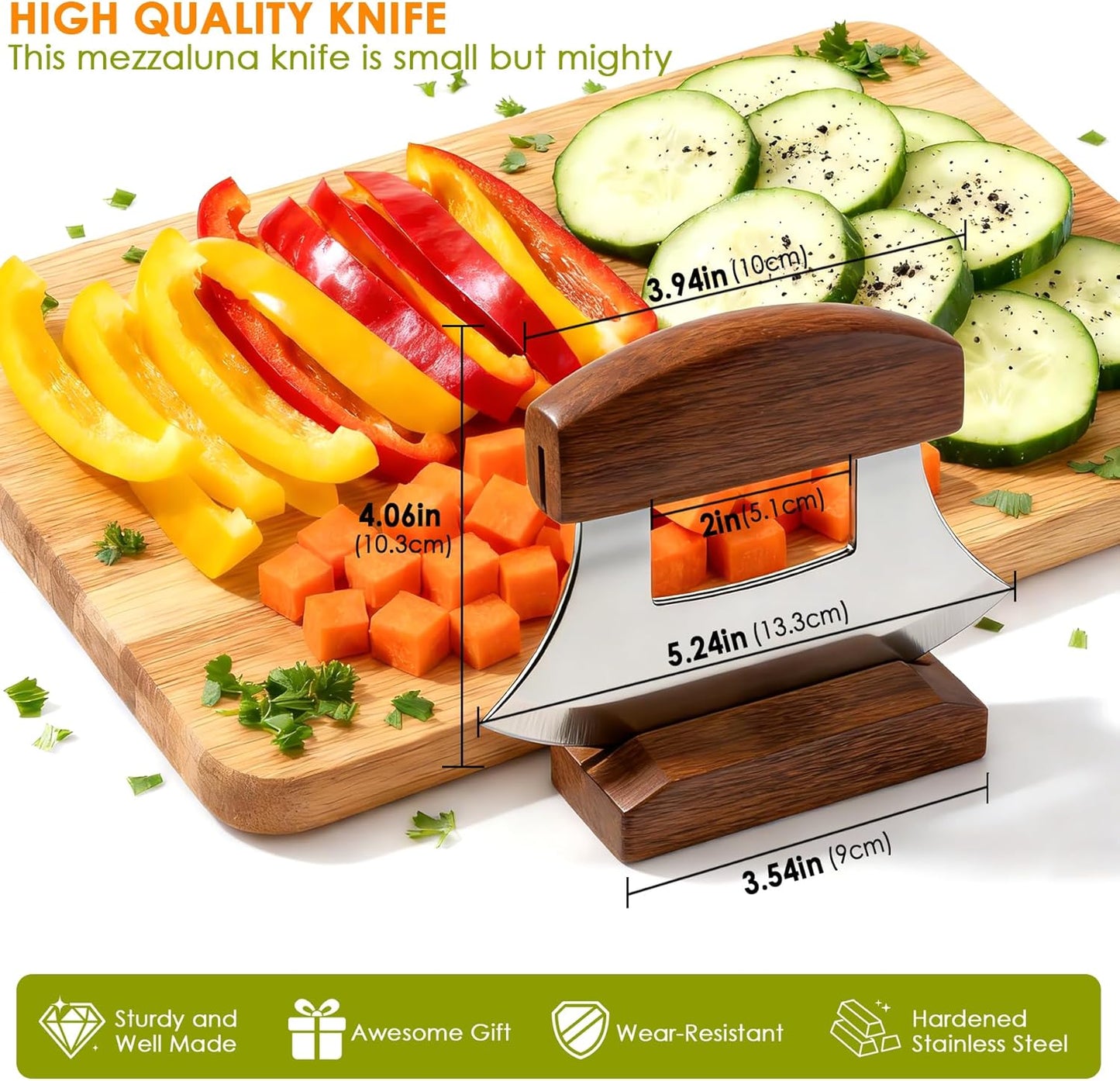 Cuchillo mezzaluna afilado con soporte de madera para ensaladas y verduras
