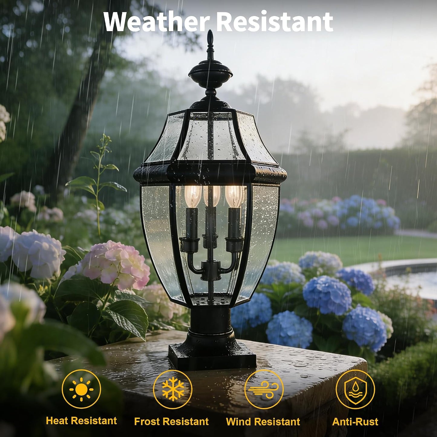 Lámpara poste 3 luces 23pulg negro mate impermeable jardín