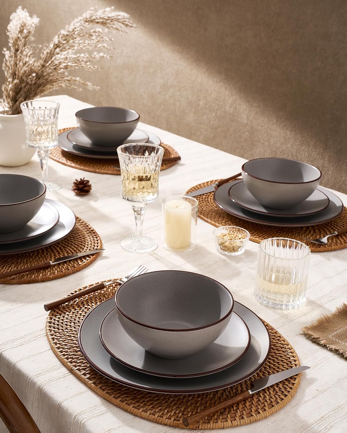 Set 24 Pzas Vajilla Cerámica Moteada Gris Oscuro Mate