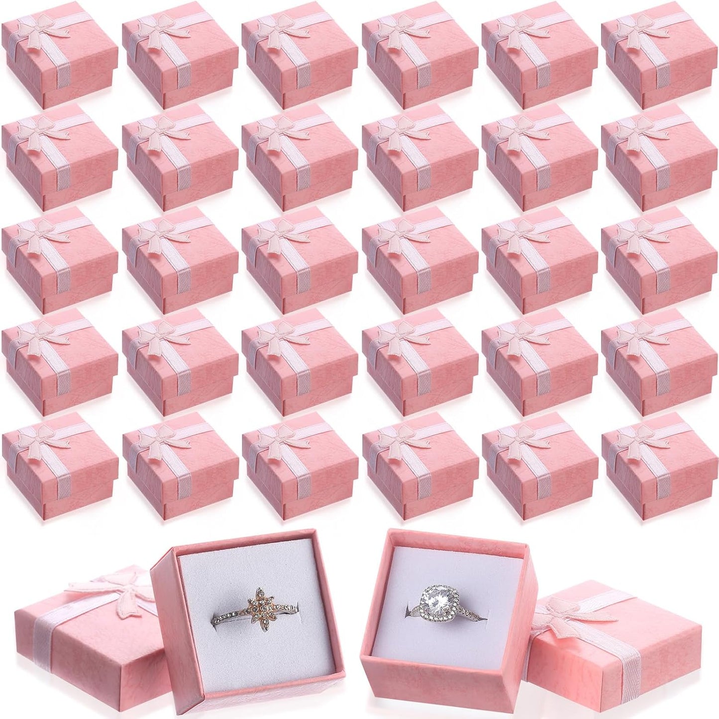 Caja regalo joyería con lazo rosa para anillos y aretes