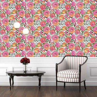 Papel tapiz floral rosa acuarela 17.7x590" dormitorio