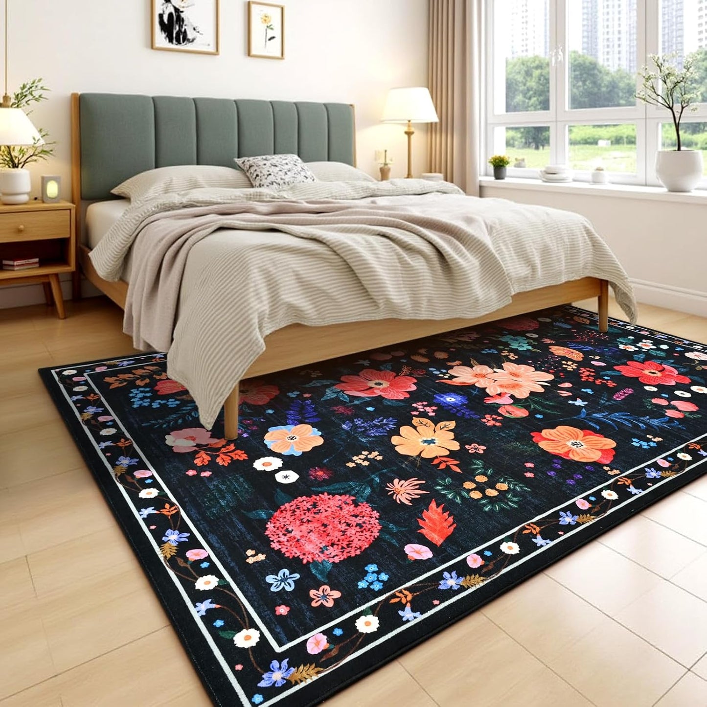 Alfombra Floral Sala 5x7ft Negro Boho Antiderrap