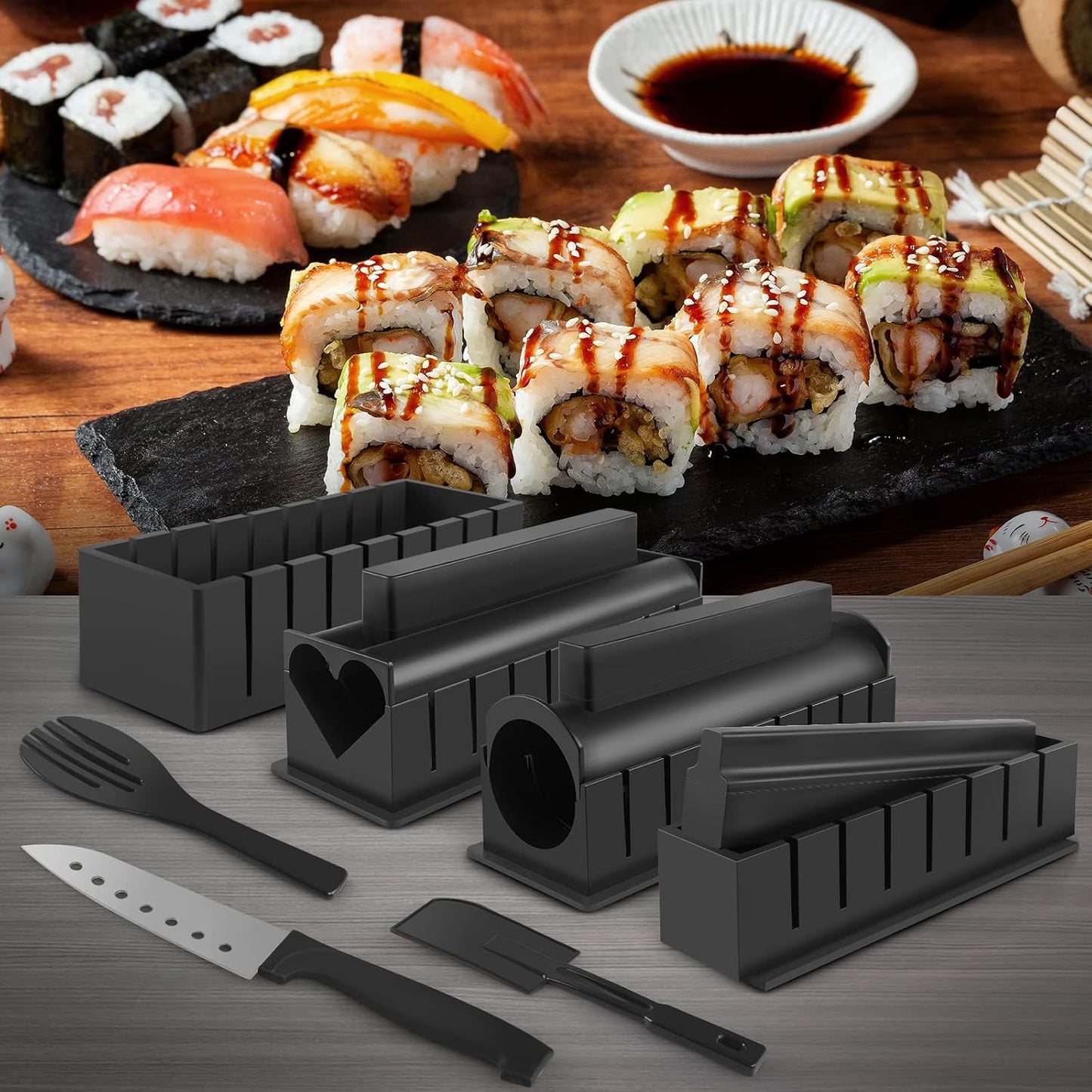 Kit sushi 17 pzas prensa molde tenedor espátula cuchillo