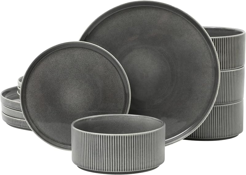 Set 12 Pzas Vajilla Gres Esmalte Reactivo Negro Moderno