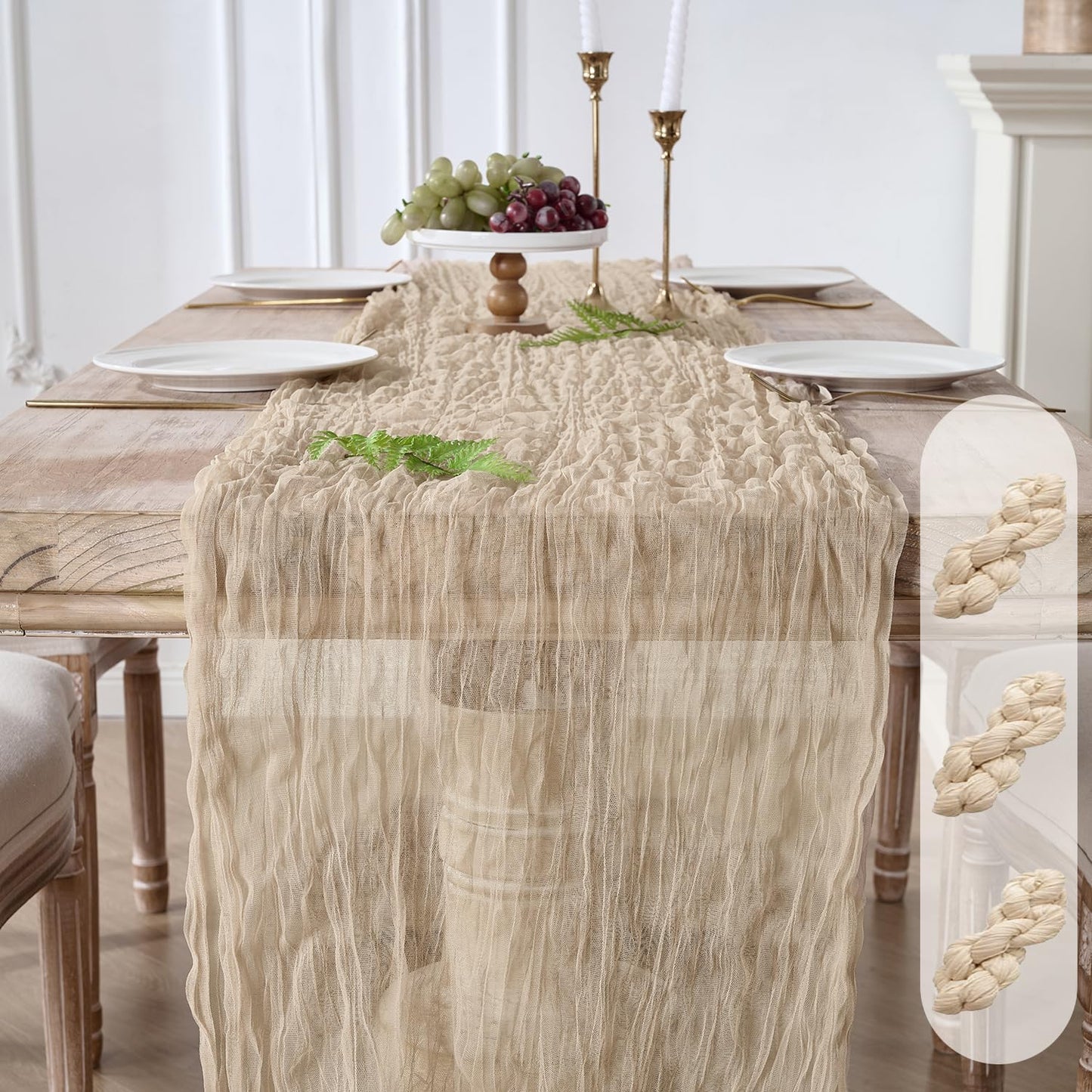 Camino mesa gasa beige set 3 120pulg para comedor boda