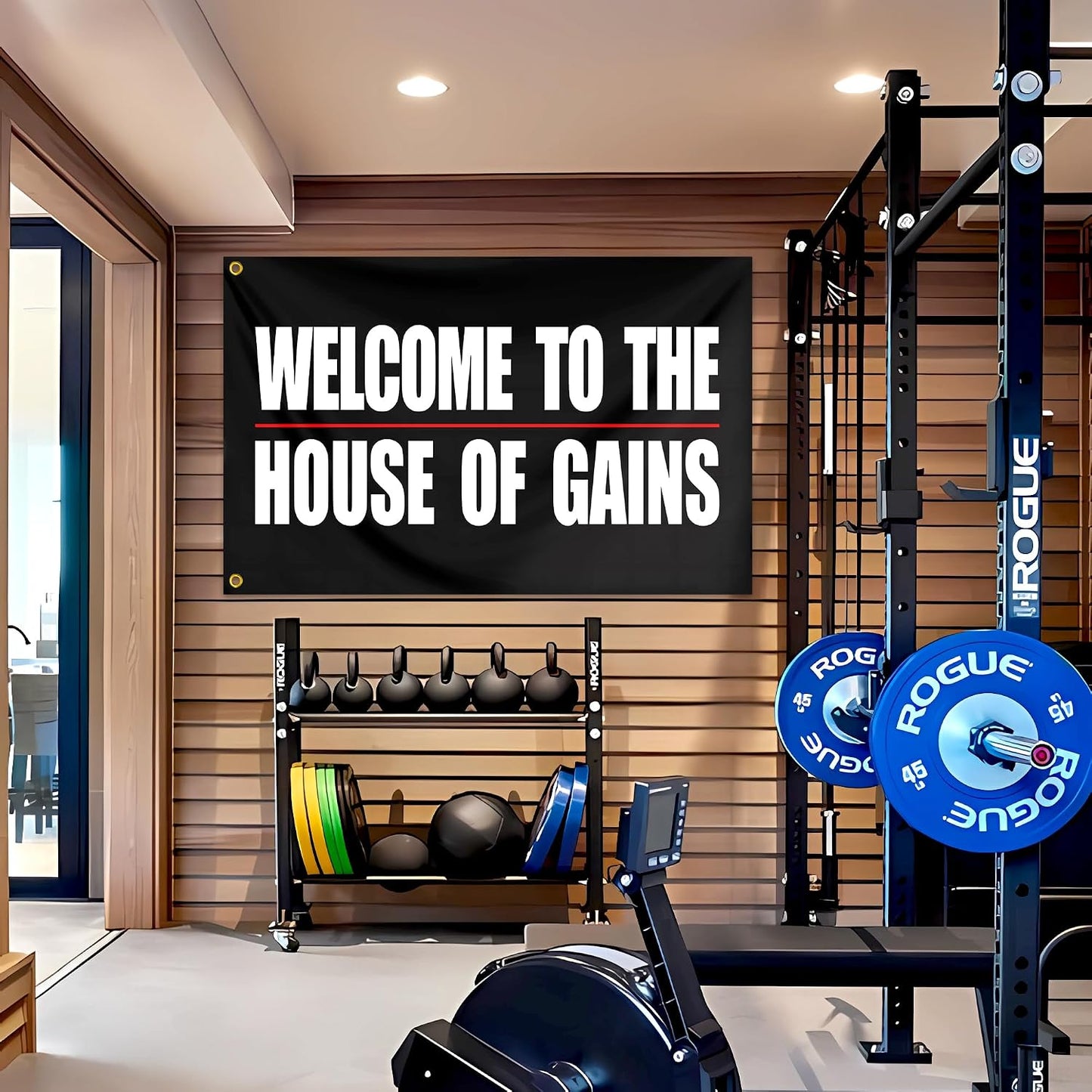 Bandera gimnasio 3x5ft texto Welcome to The House of Gains